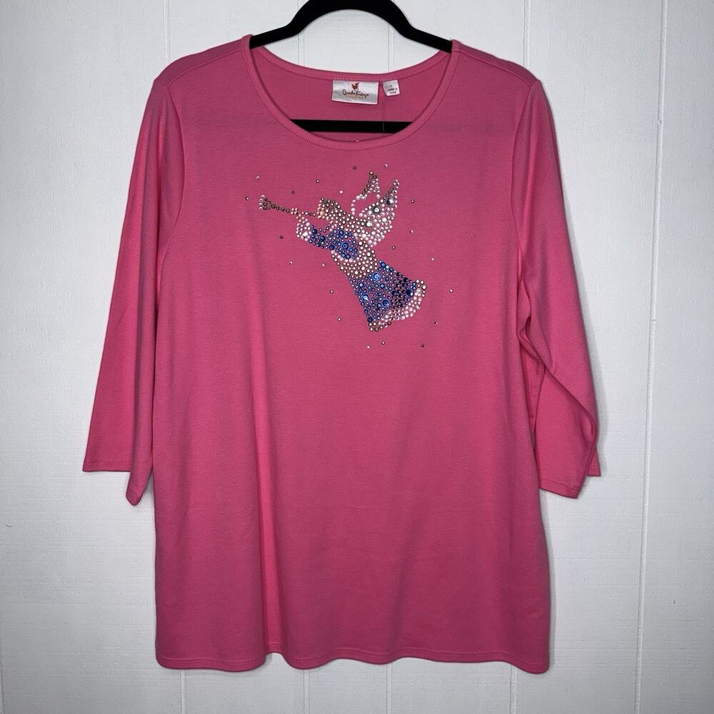 Quacker Factory Women’s Angel Rhinestone Top Pink Holiday Size Large NWT